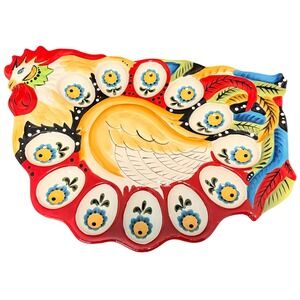 Home Accents Emily Rooster Deviled Egg Platter OS Multicolor Excellent Ceramic